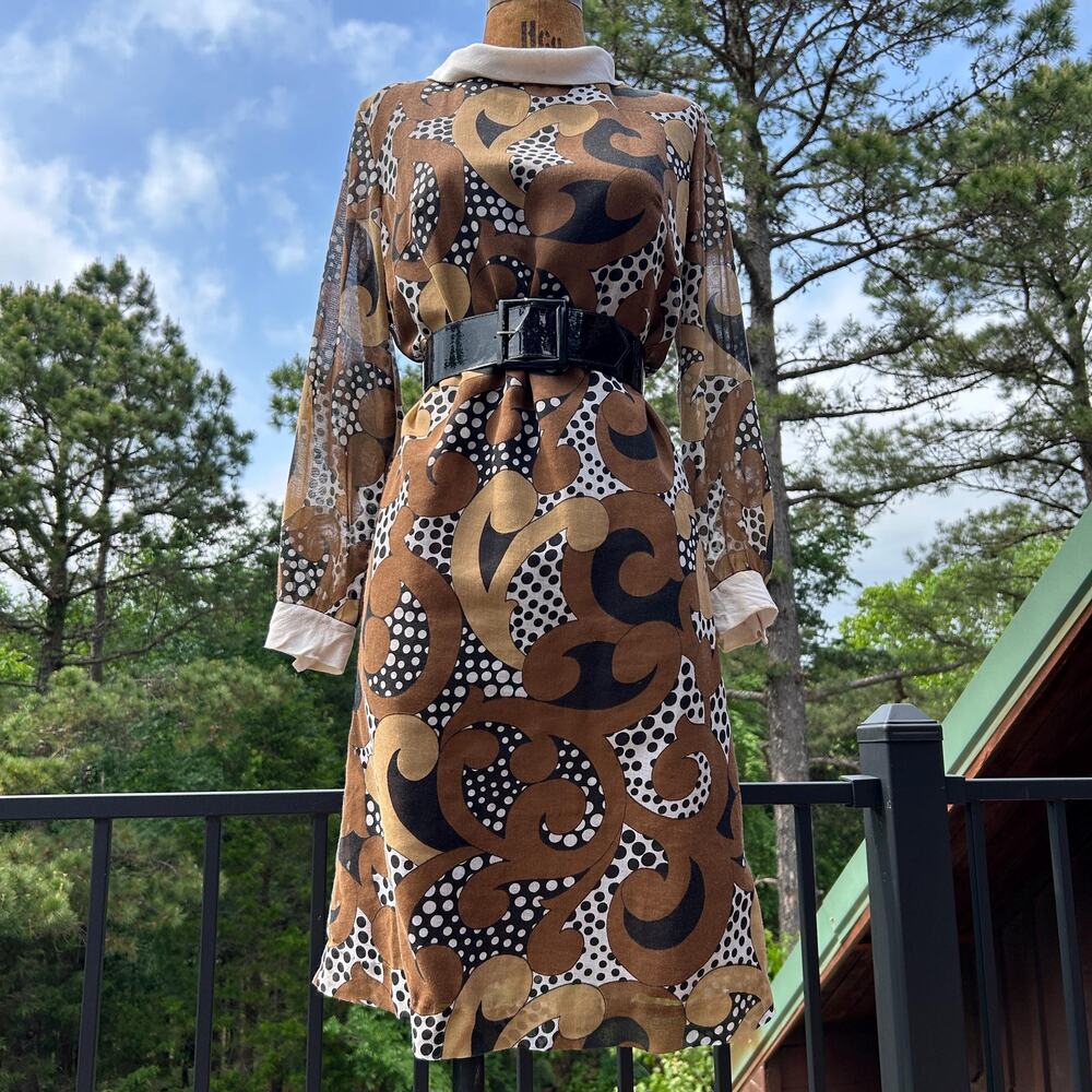 Vintage 60s Psychedelic Op Art Sheer Balloon Sleeve Collared Shift Dress M